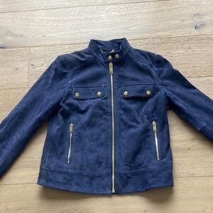 MICHAEL KORS 100% Suede Navy Leather Moto Jacket with Gold Hardware